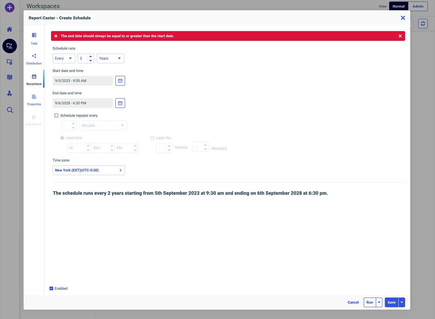 Inline semantic validation on a recurrence pattern